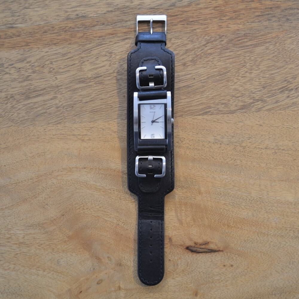Vintage GUESS Silver Tone Watch with Black Leather Band